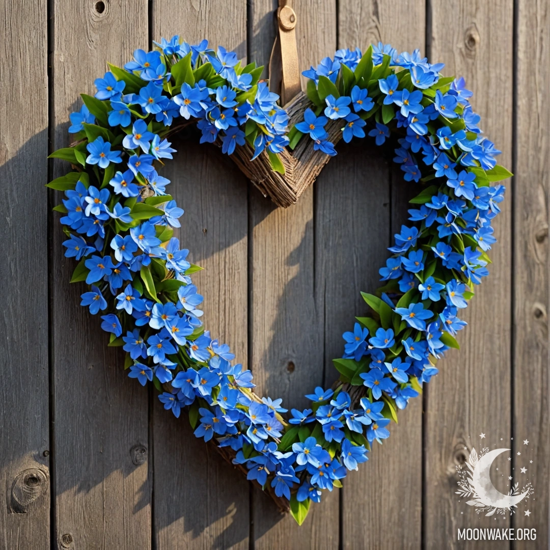 Close-up of an old wooden fence adorned with a heart-shaped wreath of blue flowers and garland lights.