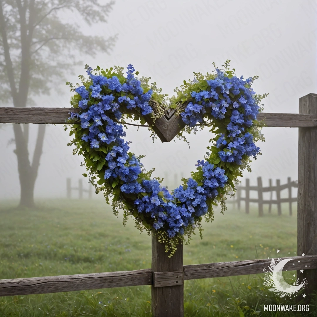 Close-up of an old wooden fence adorned with a blue heart-shaped wreath.