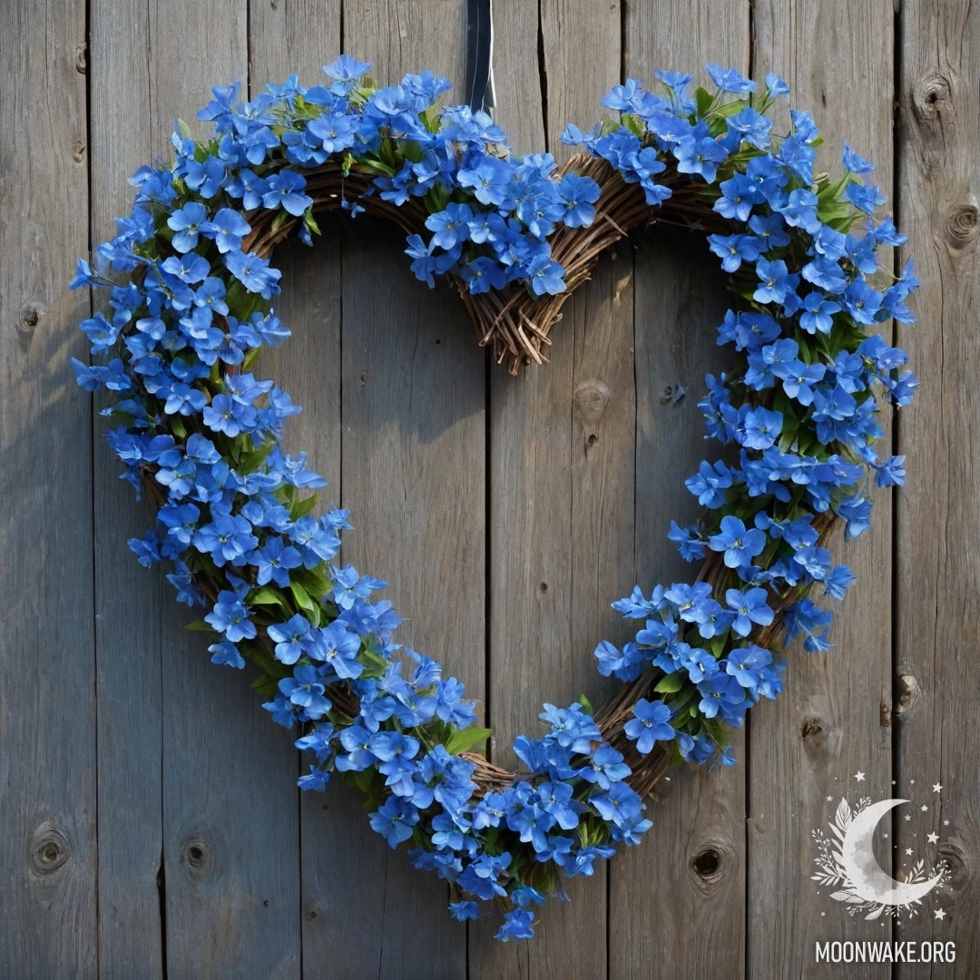 Heart-Shaped Wreath on Wooden Fence A close-up of an old wooden fence adorned with a heart-shaped wreath of blue flowers and fairy lights.