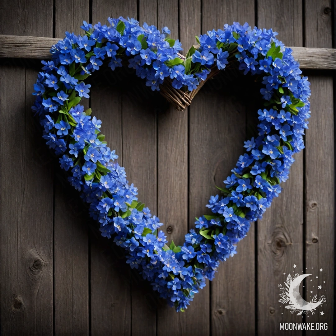 Close-up of an old wooden fence adorned with a heart-shaped wreath of blue flowers, set against the night sky.