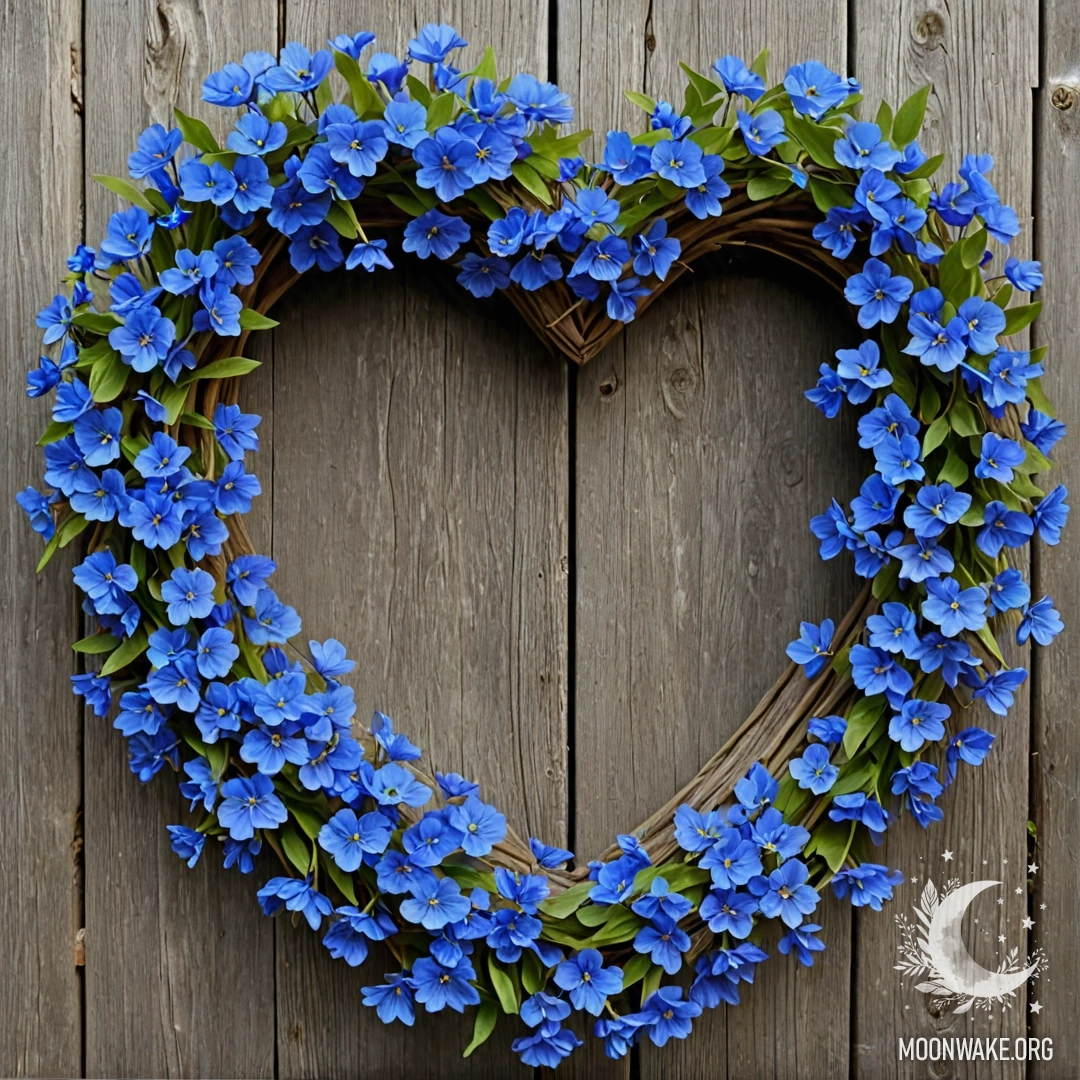 Close-up of an old wooden fence with a heart-shaped blue flower wreath.