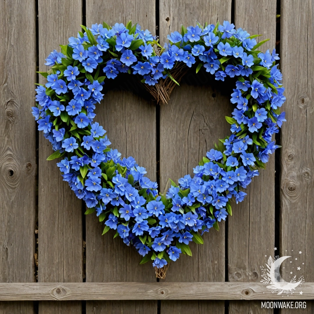 Heart-Shaped Wreath on a Wooden Fence Close-up of an old wooden fence adorned with a heart-shaped wreath of blue flowers.