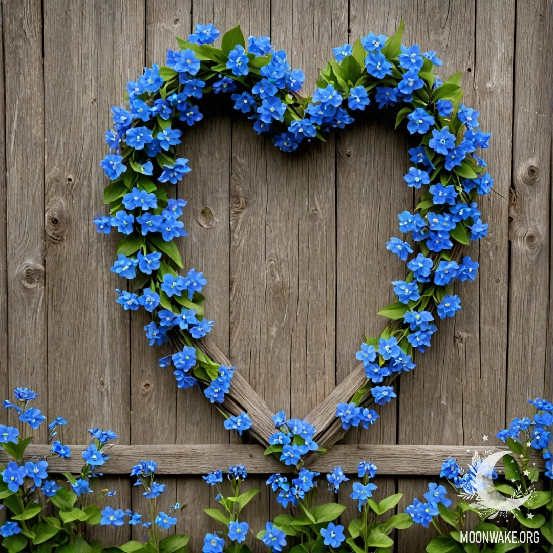 Close-up of an old wooden fence with a heart-shaped wreath of blue flowers hanging on it.
