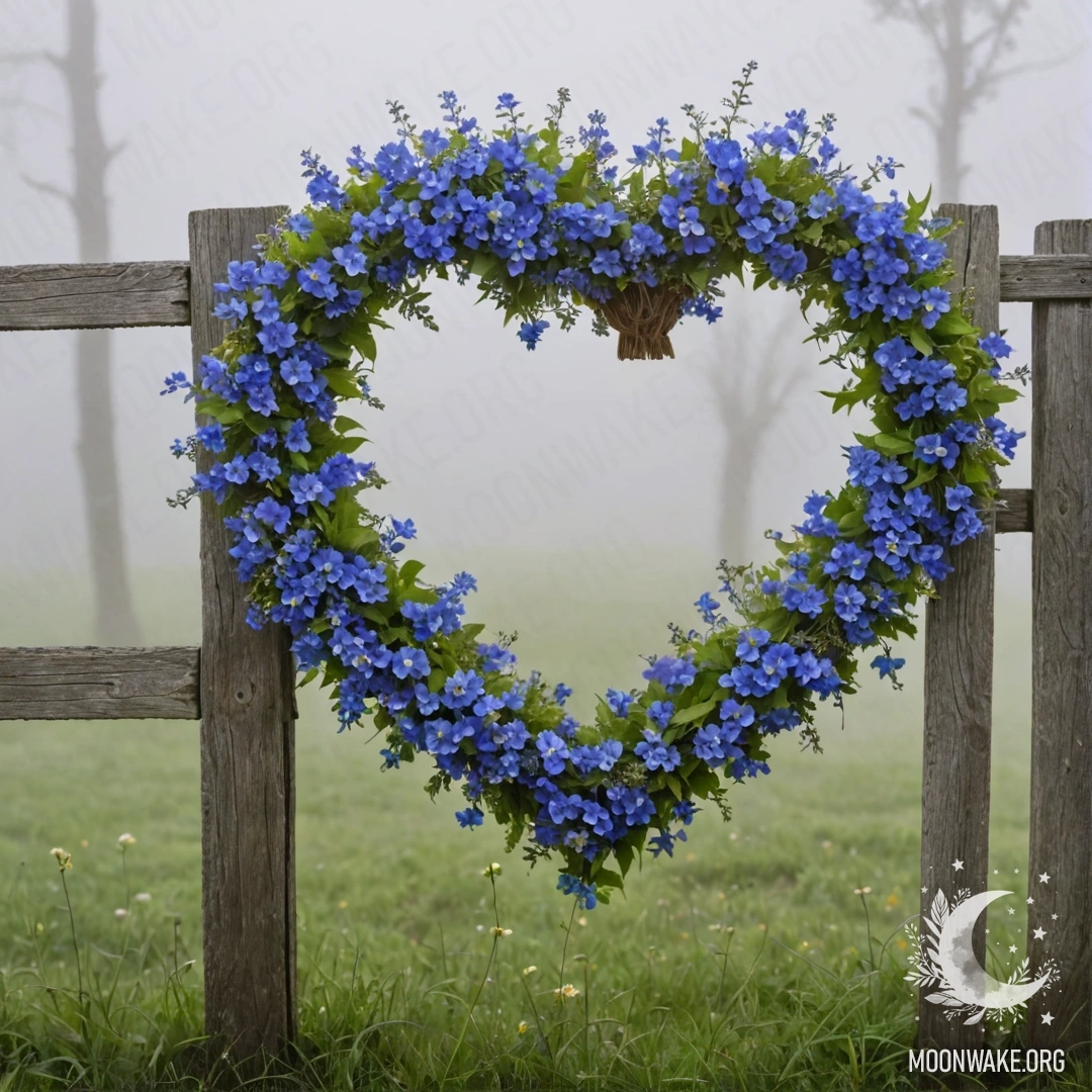 Close-up of an old wooden fence with a heart-shaped wreath of blue flowers hanging on it, surrounded by dense mist.