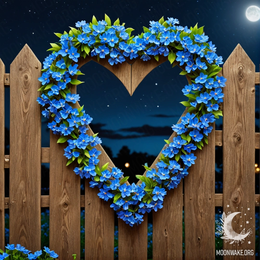 Close-up of an old wooden fence adorned with a heart-shaped wreath of blue flowers at night.
