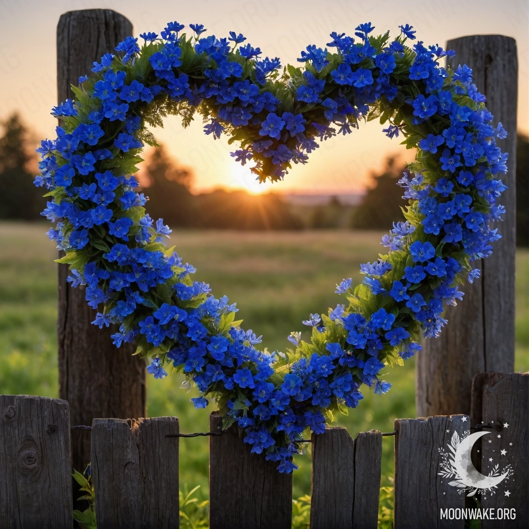 Close-up of an old wooden fence with a heart-shaped wreath of blue flowers hanging on it during sunset.