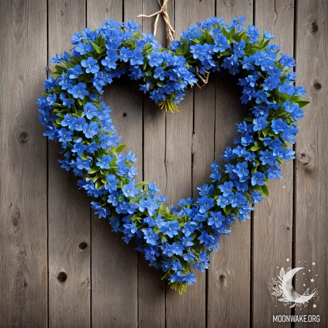 A close-up of an old wooden fence adorned with a blue flower wreath in the shape of a heart and garland lights.