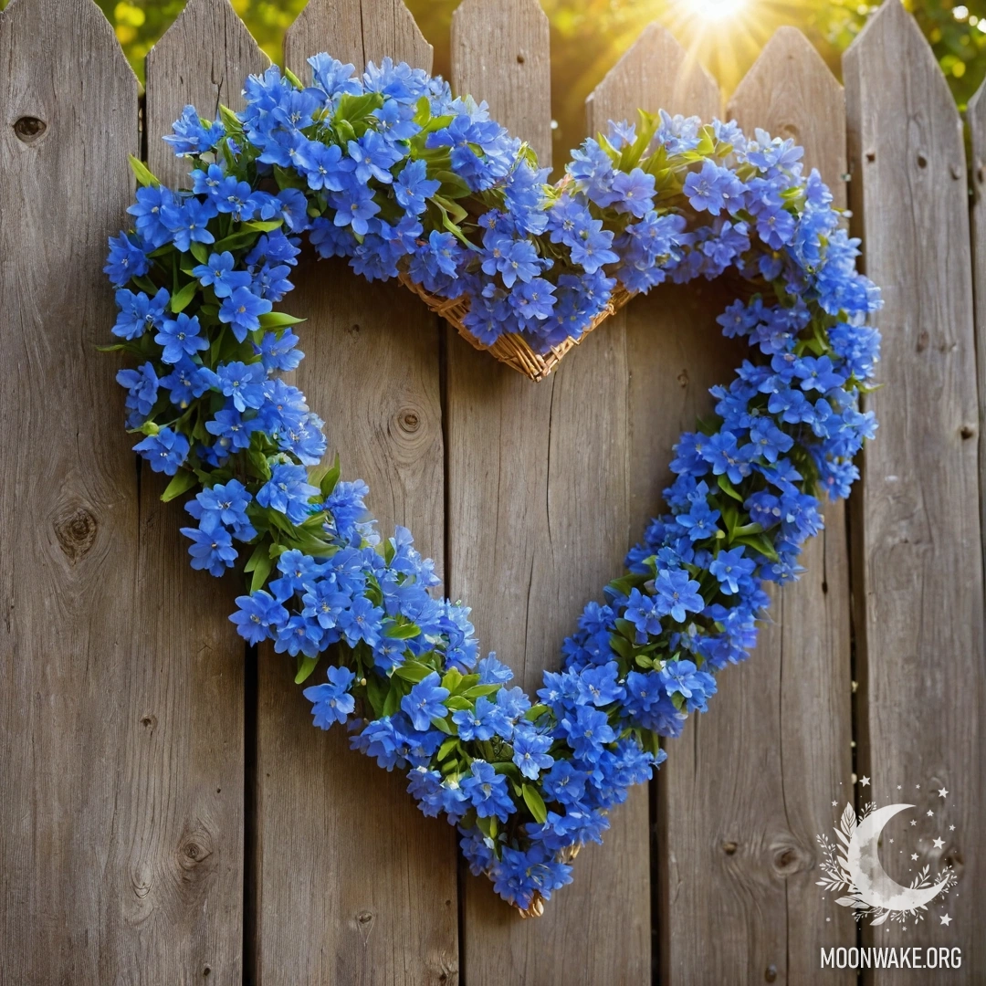Heart Shaped Wreath of Blue Flowers on Wooden Fence Close-up of an old wooden fence with a heart-shaped wreath of blue flowers hanging on it, illuminated by sun rays.