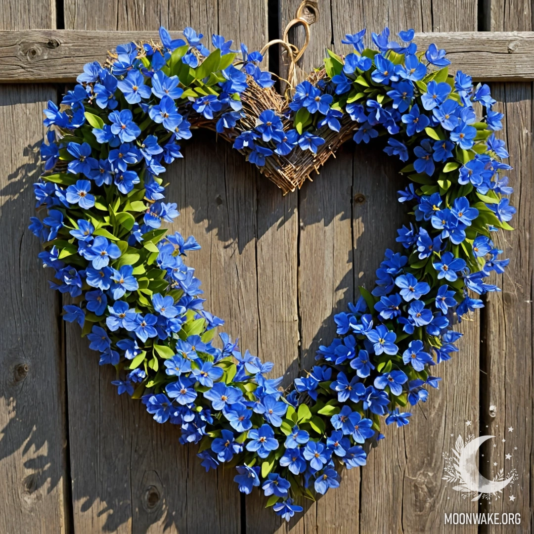 A close-up of an old wooden fence adorned with a heart-shaped wreath of blue flowers, illuminated by sun rays.