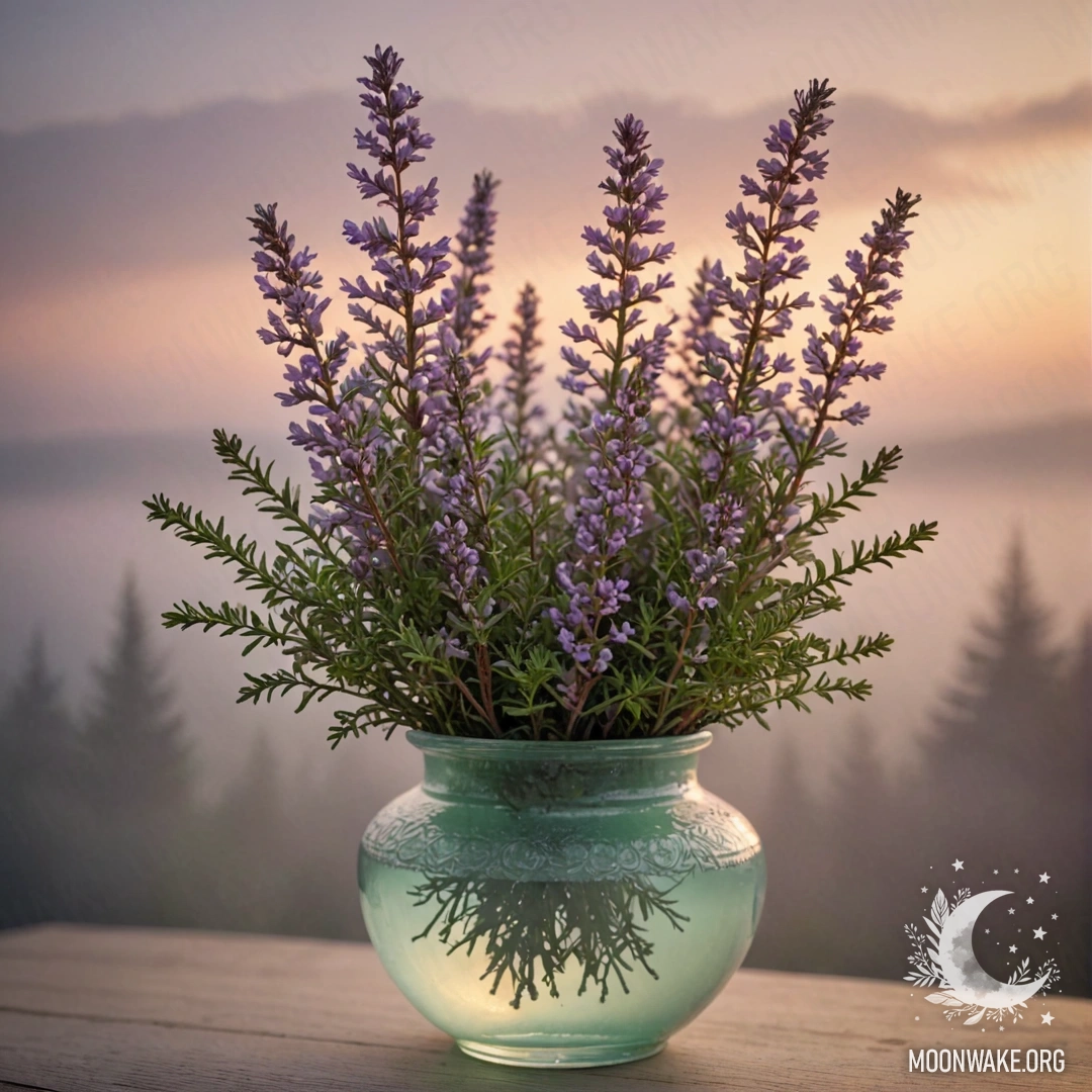 A vase filled with heather in mint color, surrounded by fog at sunset.