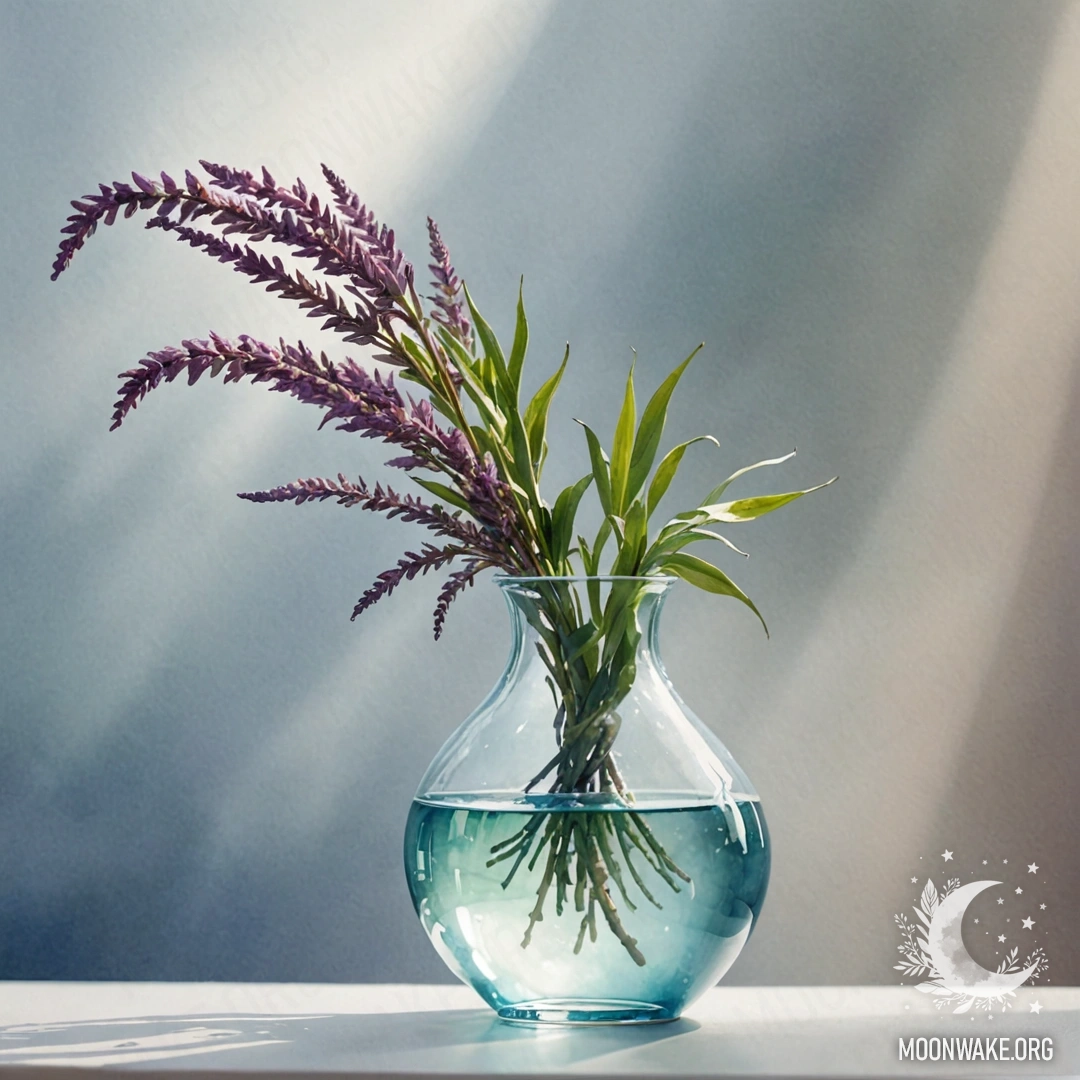 A minimalistic vase holding heather in mist, illuminated by sunlight.