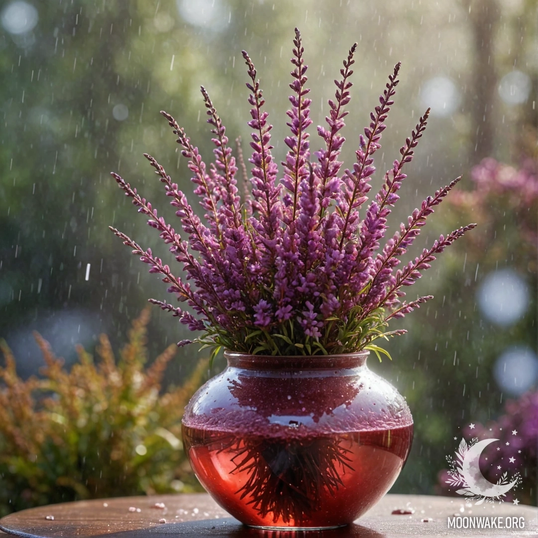 Heather in a Vase with Sunny Rays A vase filled with heather, surrounded by mist and rain, illuminated by sunny rays.