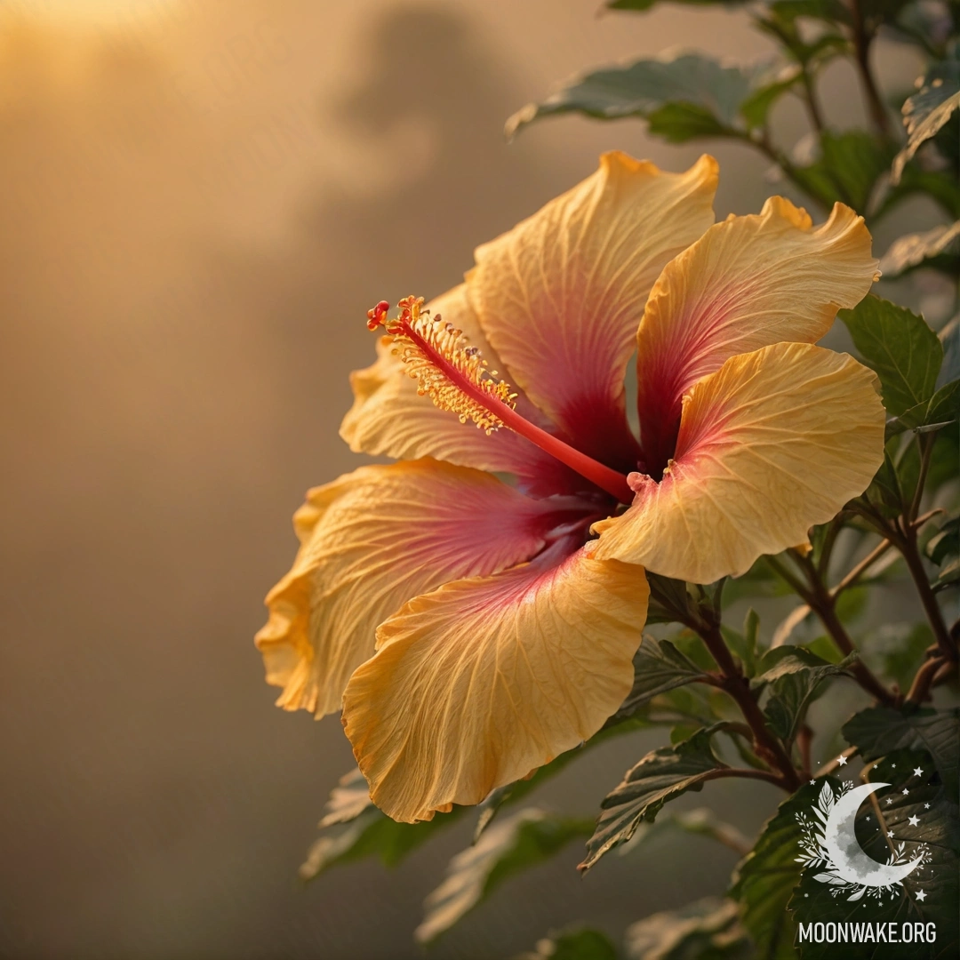A vibrant hibiscus flower surrounded by mist with a golden sunset background.