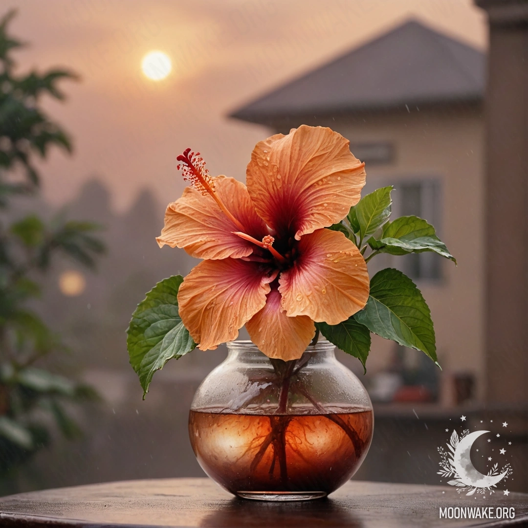Hibiscus in the Mist at Sunset A delicate hibiscus flower in a vase, shrouded in mist and rain at sunset, painted in warm coffee tones.