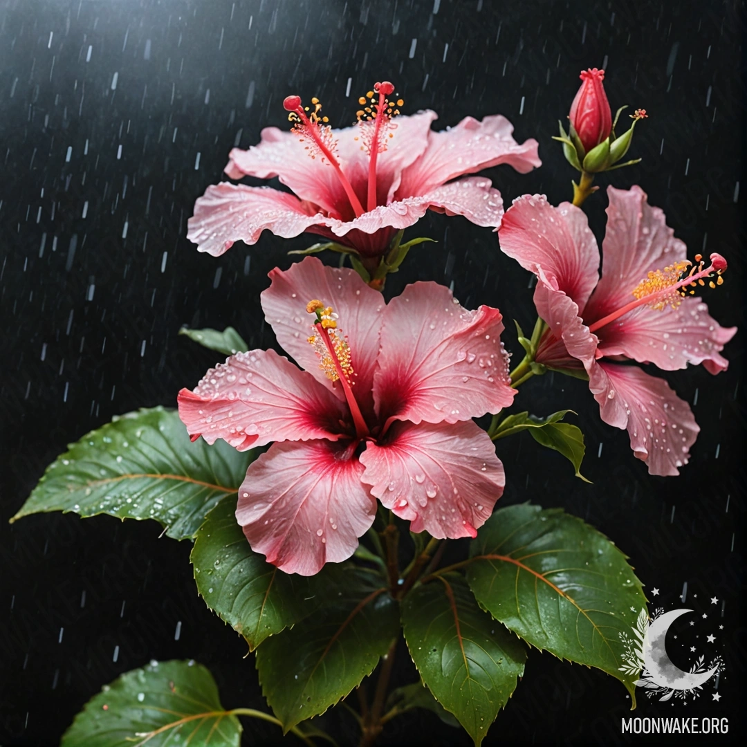 A beautiful pink hibiscus flower covered in mist and rain at night, surrounded by glitter.