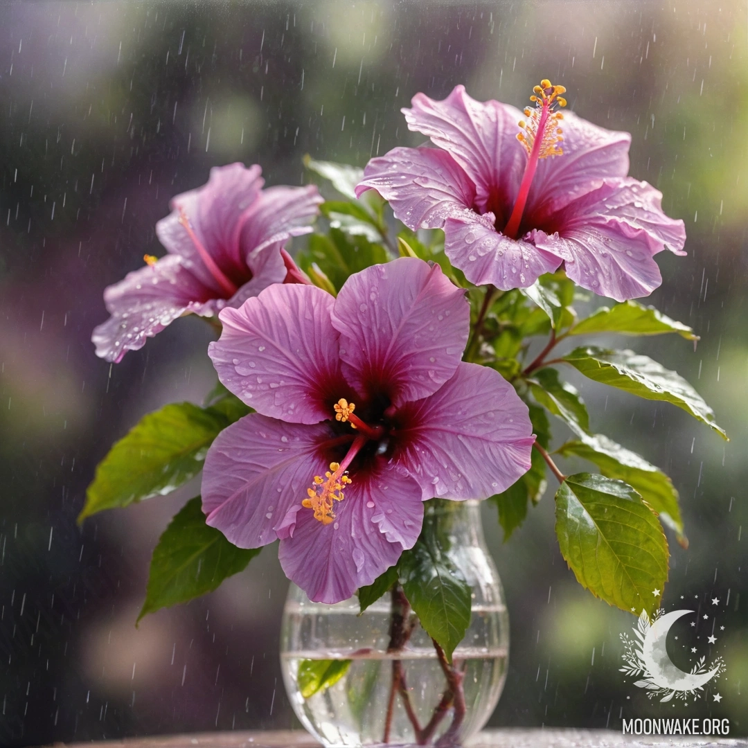 Hibiscus in the Rain A purple hibiscus flower in a vase, under gentle rain with sun rays.