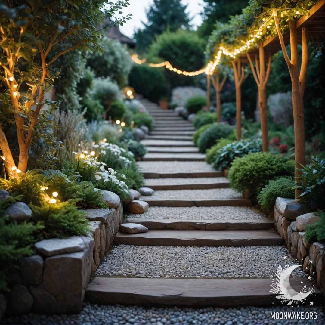 Illuminated Garden Path A serene garden path made of stones, adorned with glowing light garlands and a wooden staircase.
