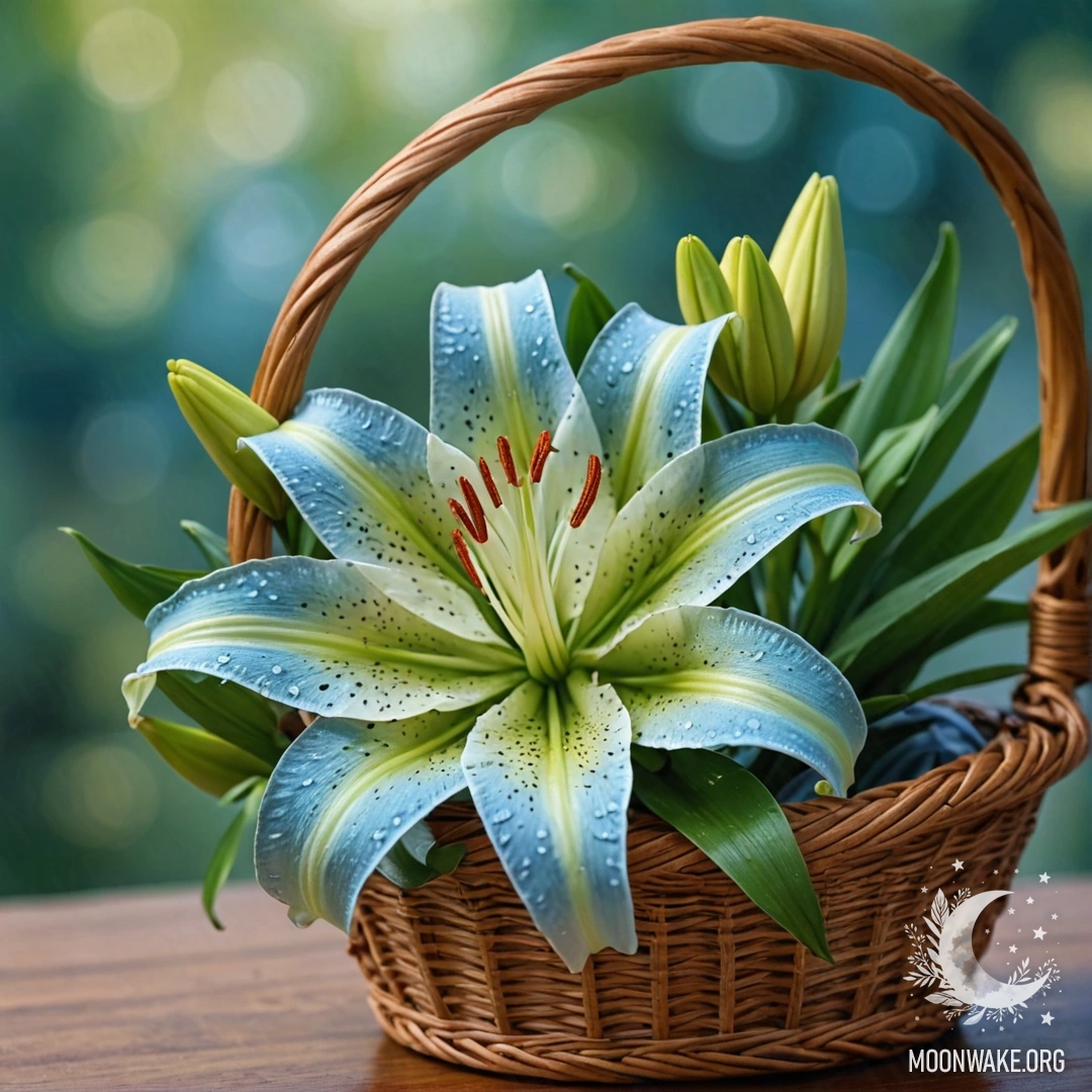 A beautiful lily surrounded by a delicate web in a greenish blue basket.