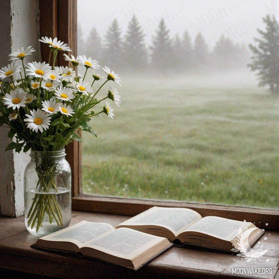 A shabby wooden windowsill with a jar of daisies and an open book, enveloped in dense fog.