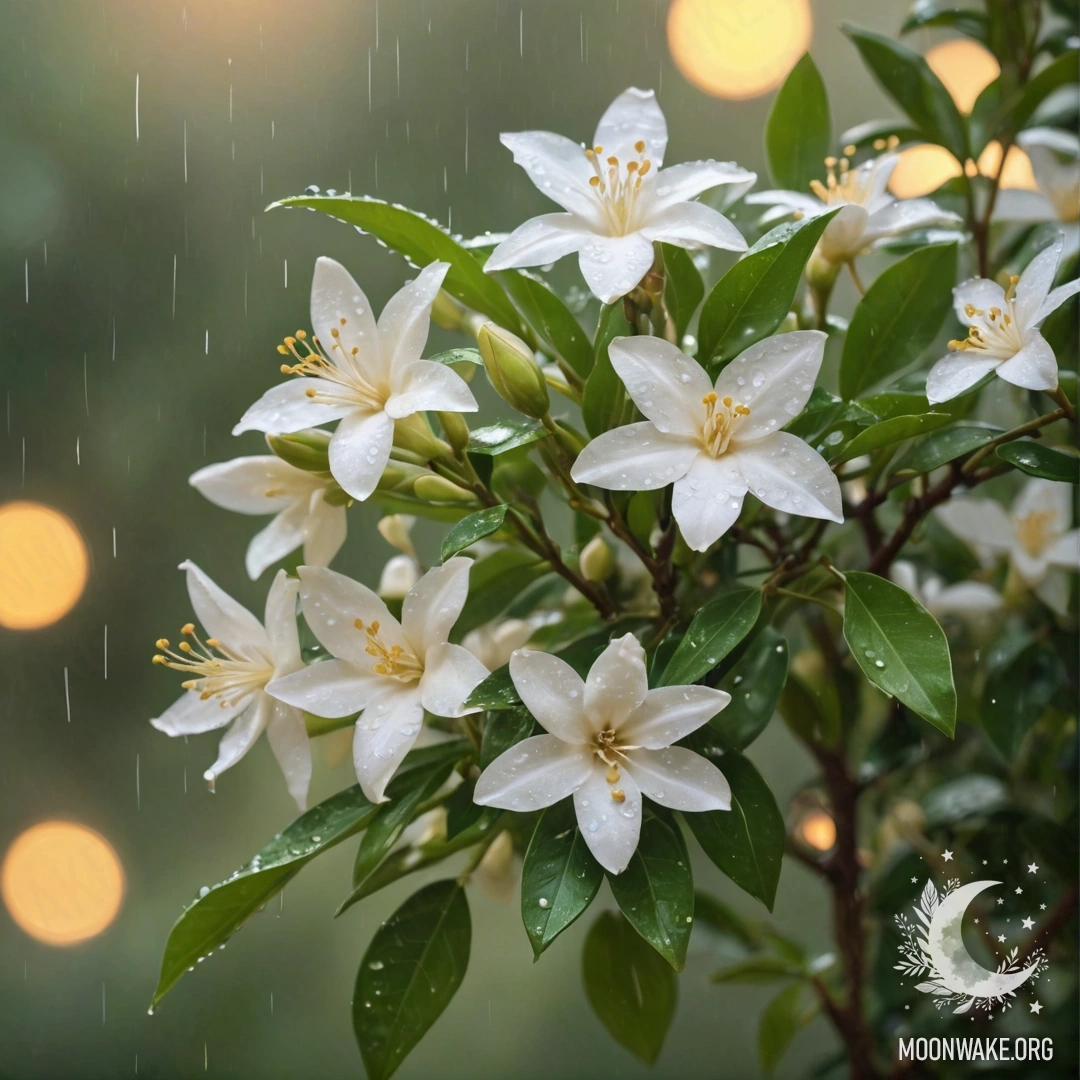 A bouquet of jasmine flowers in olive colors, wet from rain at sunset.