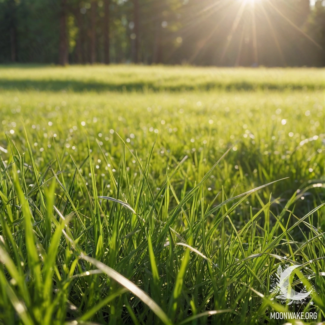 Close-Up of Grass in a Bokeh Forest A close-up view of delicate green grass against a blurred, sunlit forest background.