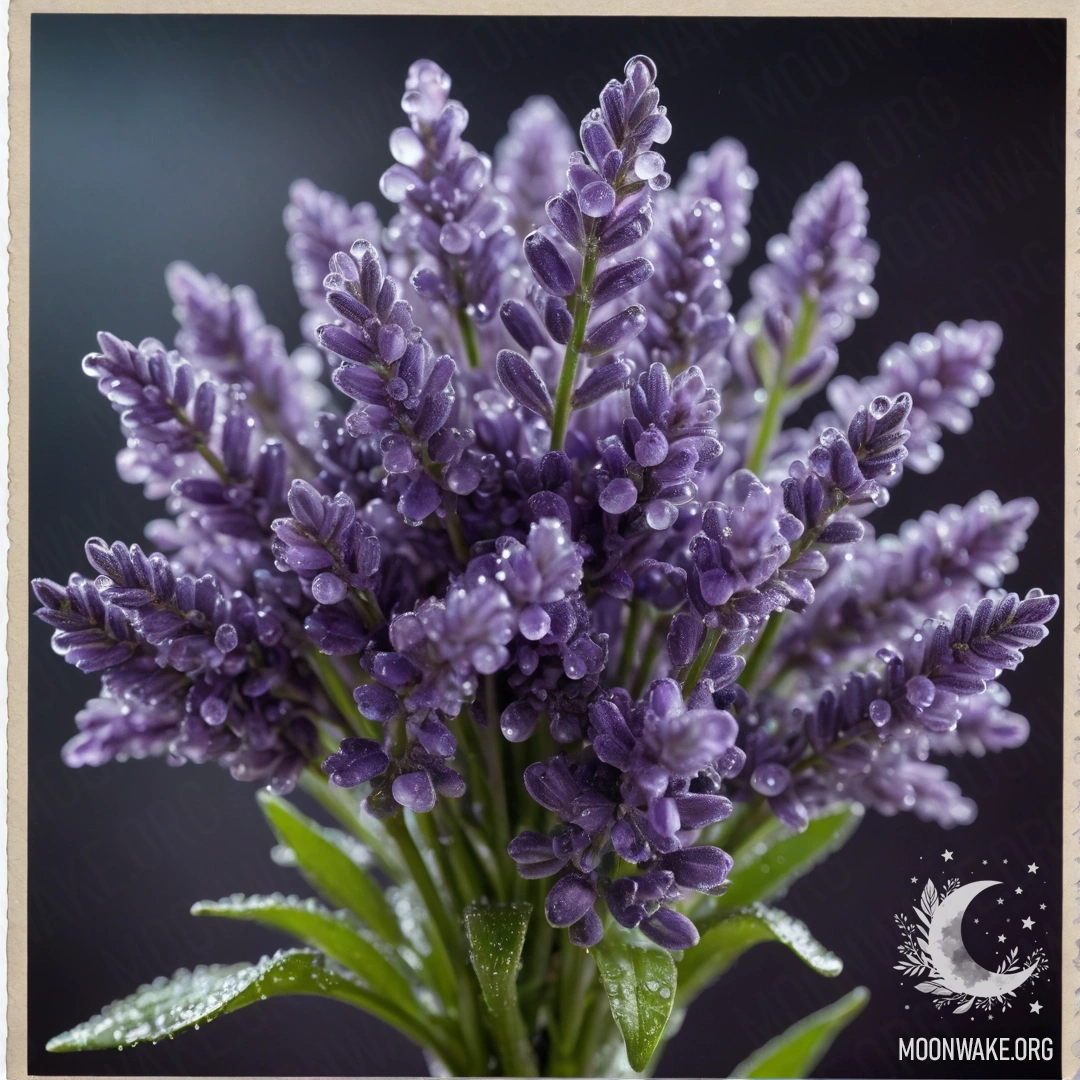 A bouquet of lavender with dew drops, illuminated by moonlight.