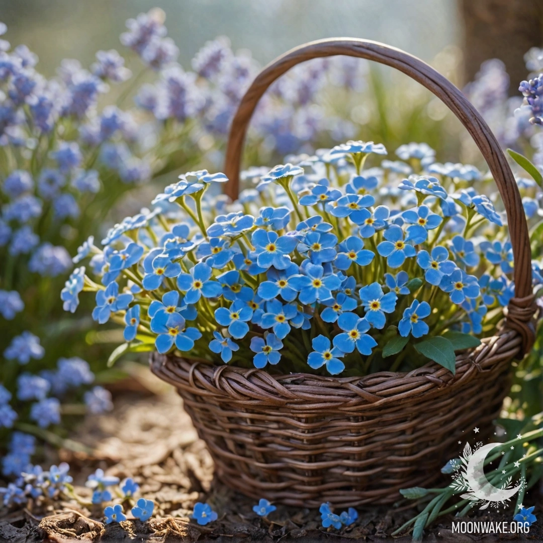 Lavender Forget-Me-Nots in Frosty Morning Light A basket filled with lavender forget-me-nots shimmering in frosty sunlight.