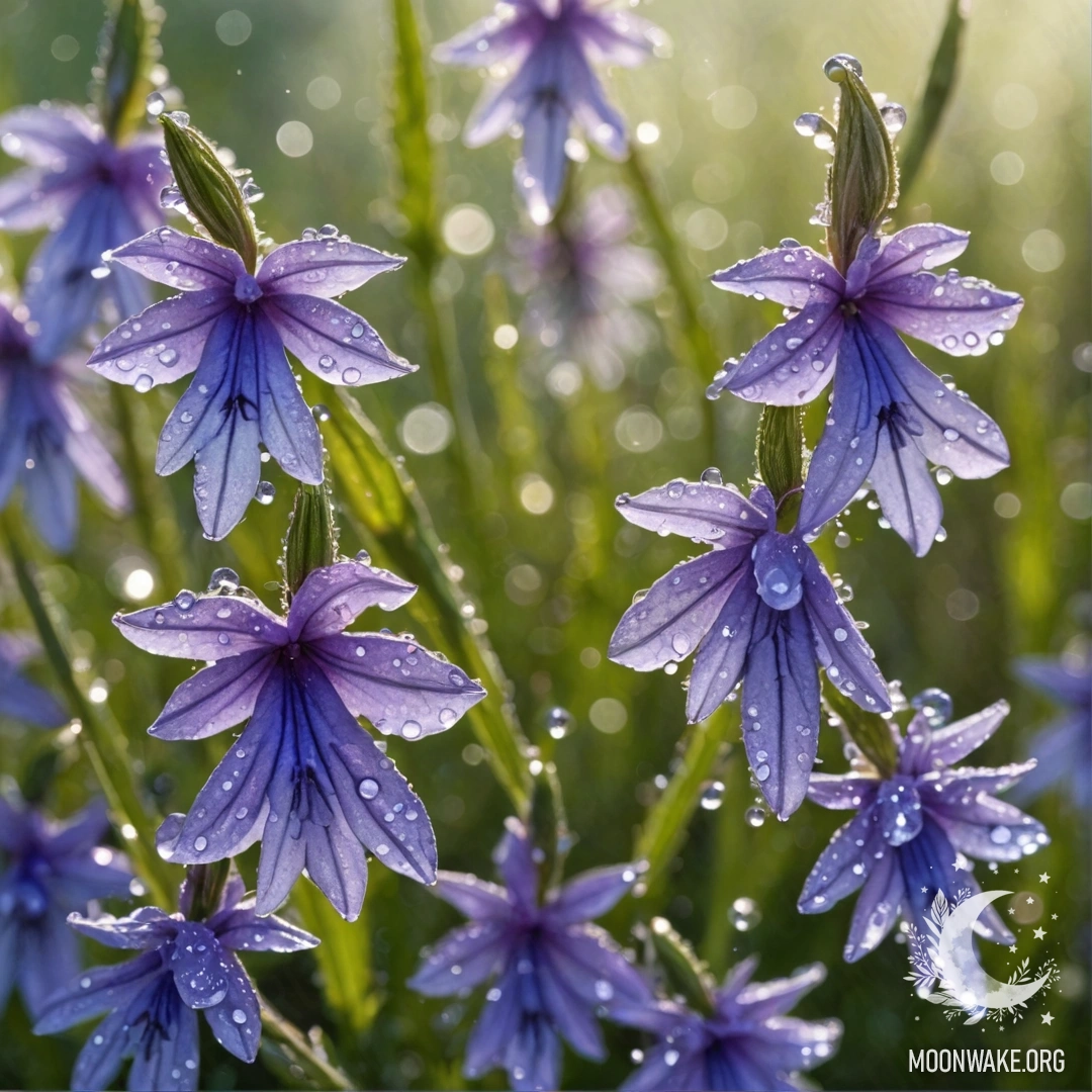 Lavender Lobelia with Dew Drops A delicate lavender lobelia adorned with glistening dew drops under sunny rays.