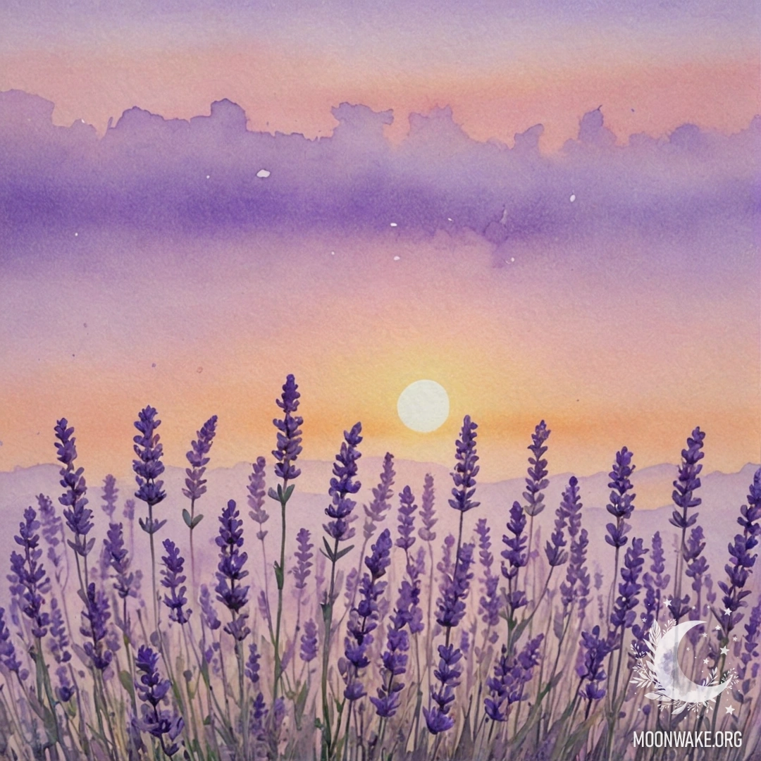 Watercolor painting of lavender in the mist at sunset, with cream and yellow patterns.