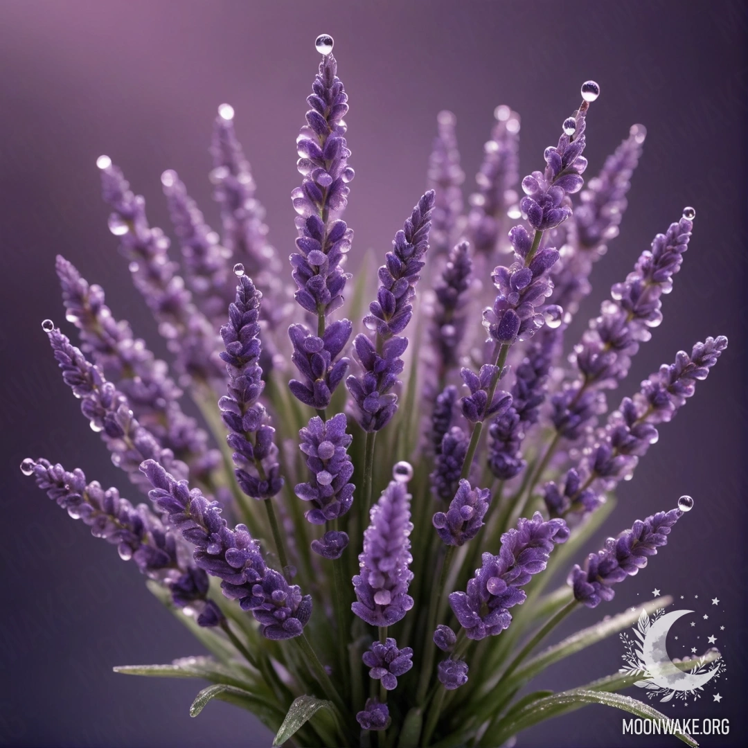 A digital painting of a minimalistic lavender bouquet with pink flowers and dew drops at night.