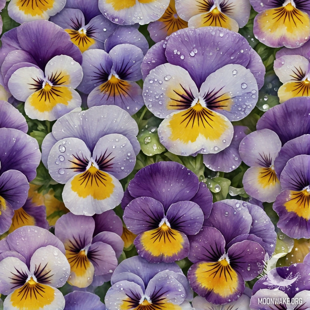 A watercolor painting of beautiful lavender pansies adorned with dew drops and sequins.