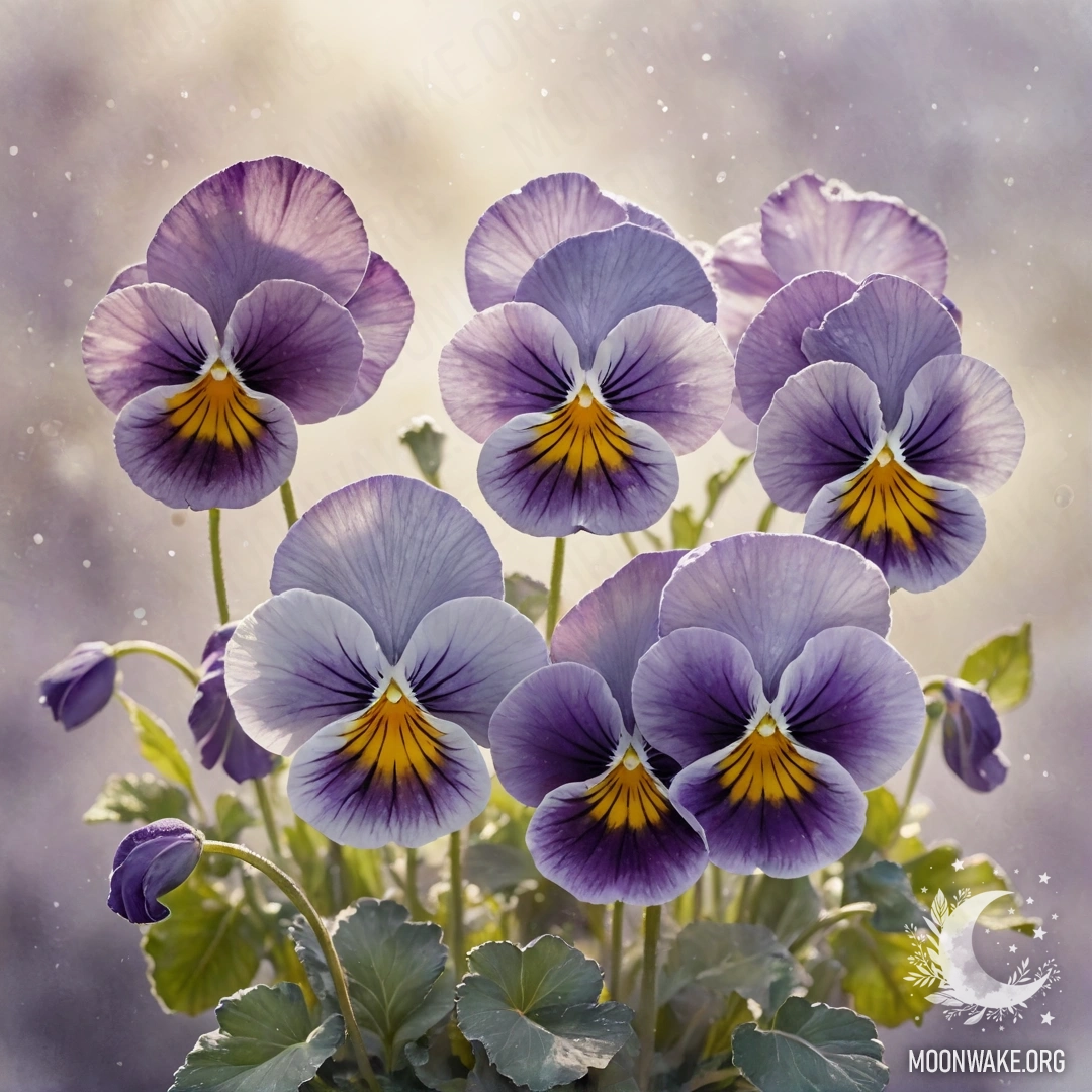 Lavender Pansies in the Mist A watercolor painting featuring lavender pansies in mist with sunny rays and glitter.