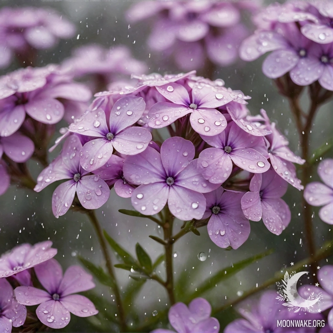A beautiful watercolor painting of lavender phlox blossoms covered in rain, adorned with sequins.