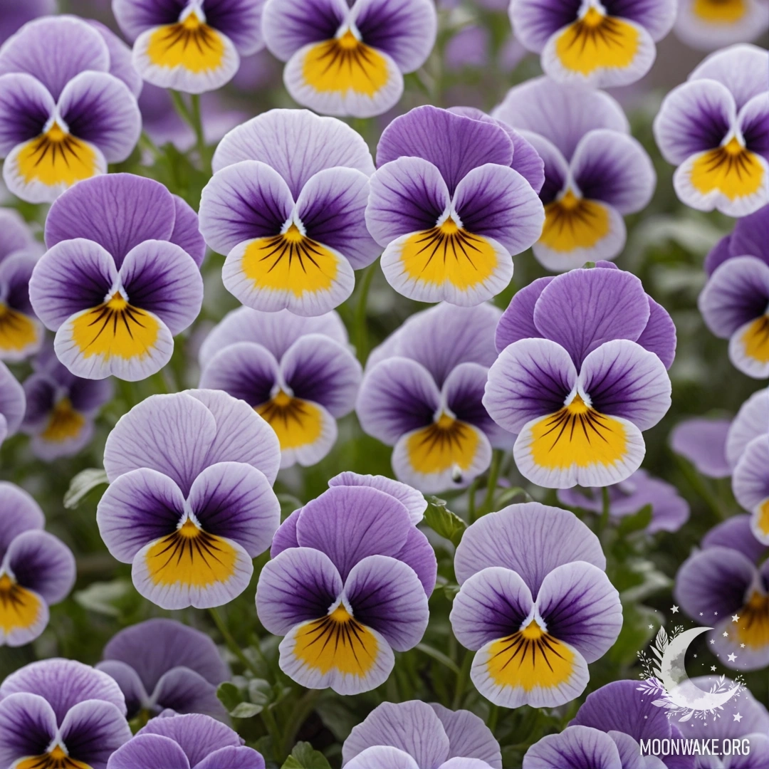 A dreamy scene of lavender pansies surrounded by mist.