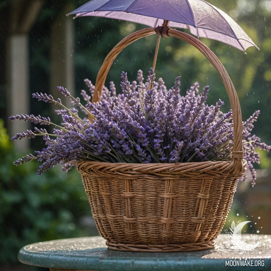 A serene basket of blue containing lavender flowers, rain falls gently while sunlight breaks through the clouds.