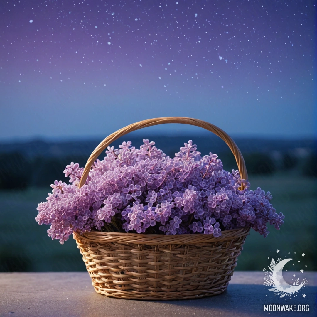 A basket in sky blue color filled with lilac flowers adorned with dew drops at night.