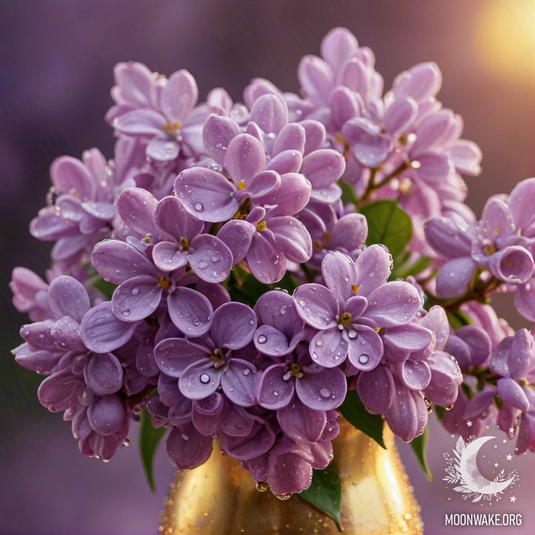 A golden vase filled with lilac flowers glistening with dew drops under the sunset.