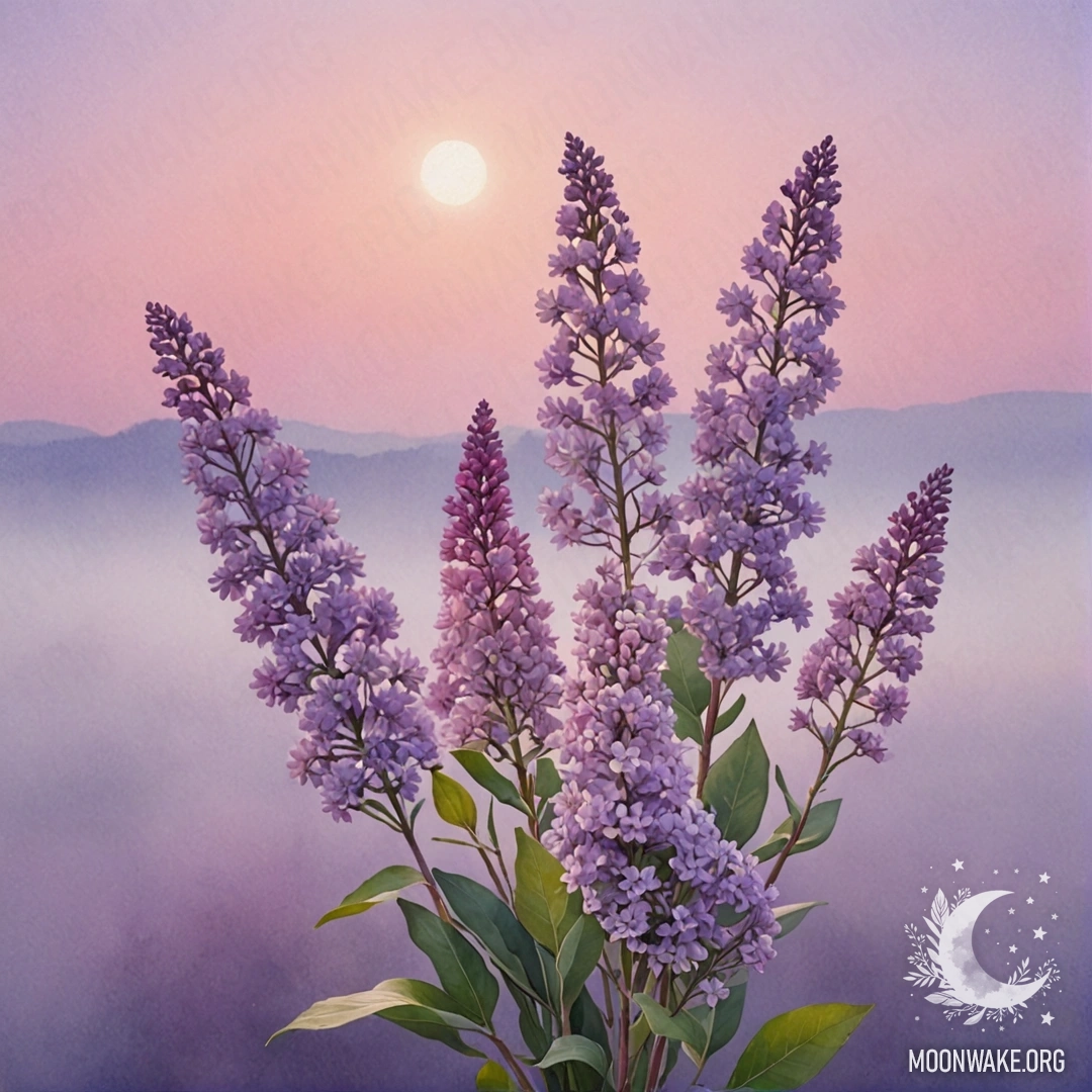 A bouquet of lilac flowers in soft mist at sunset, painted in pastel watercolors.