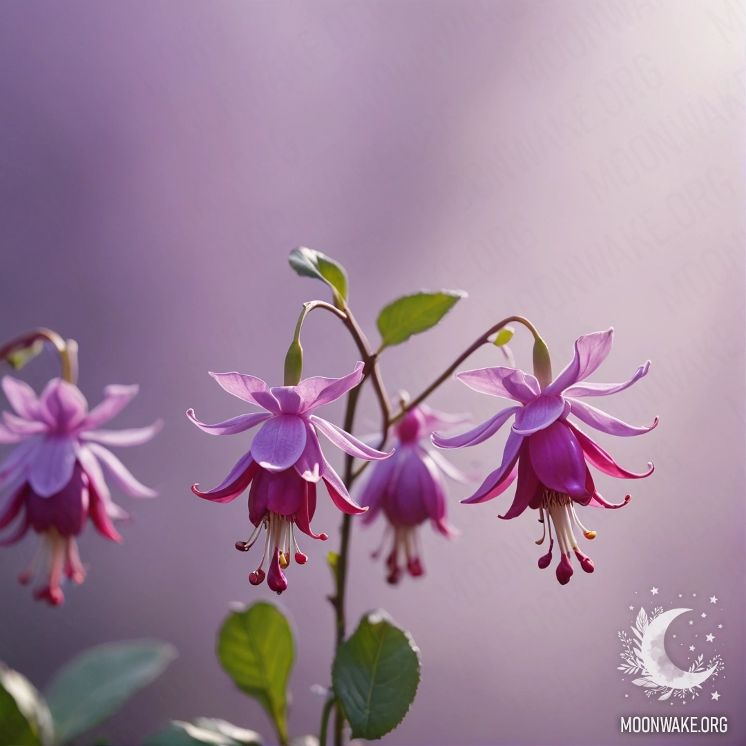 A serene minimalistic landscape featuring lilac colors in fog with sunny rays against a fuchsia background.