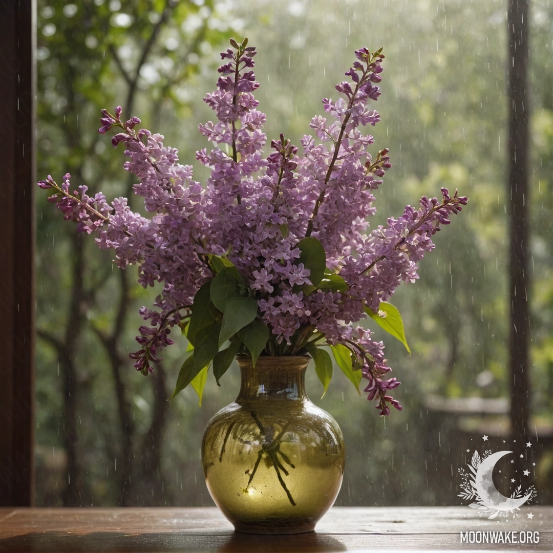 A vase of olive color holding lilac flowers, with raindrops falling under sunny rays.