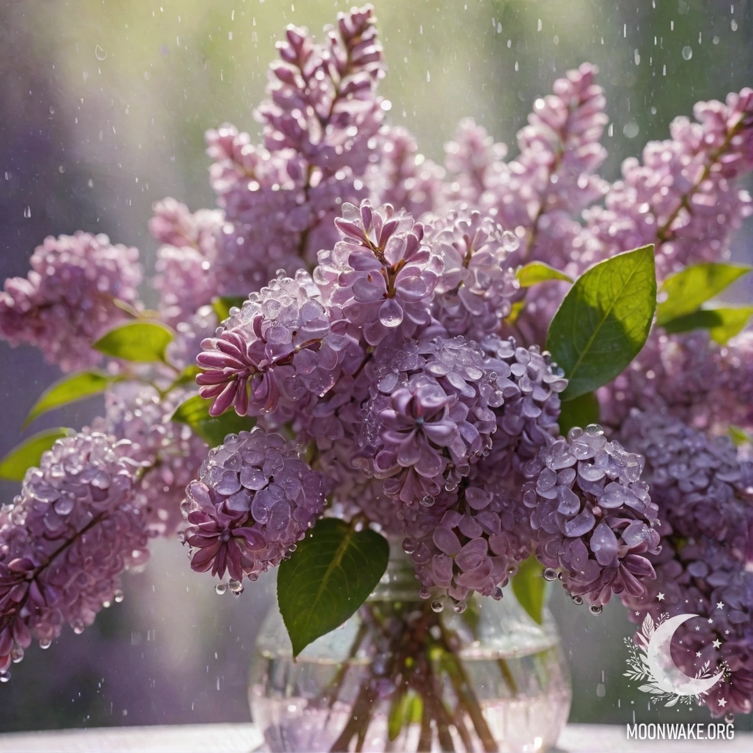 A purple vase filled with lilac flowers adorned with dew drops under sunlight.