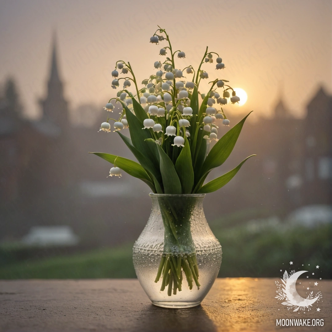A golden vase holding lily of the valley flowers surrounded by mist and rain at sunset.
