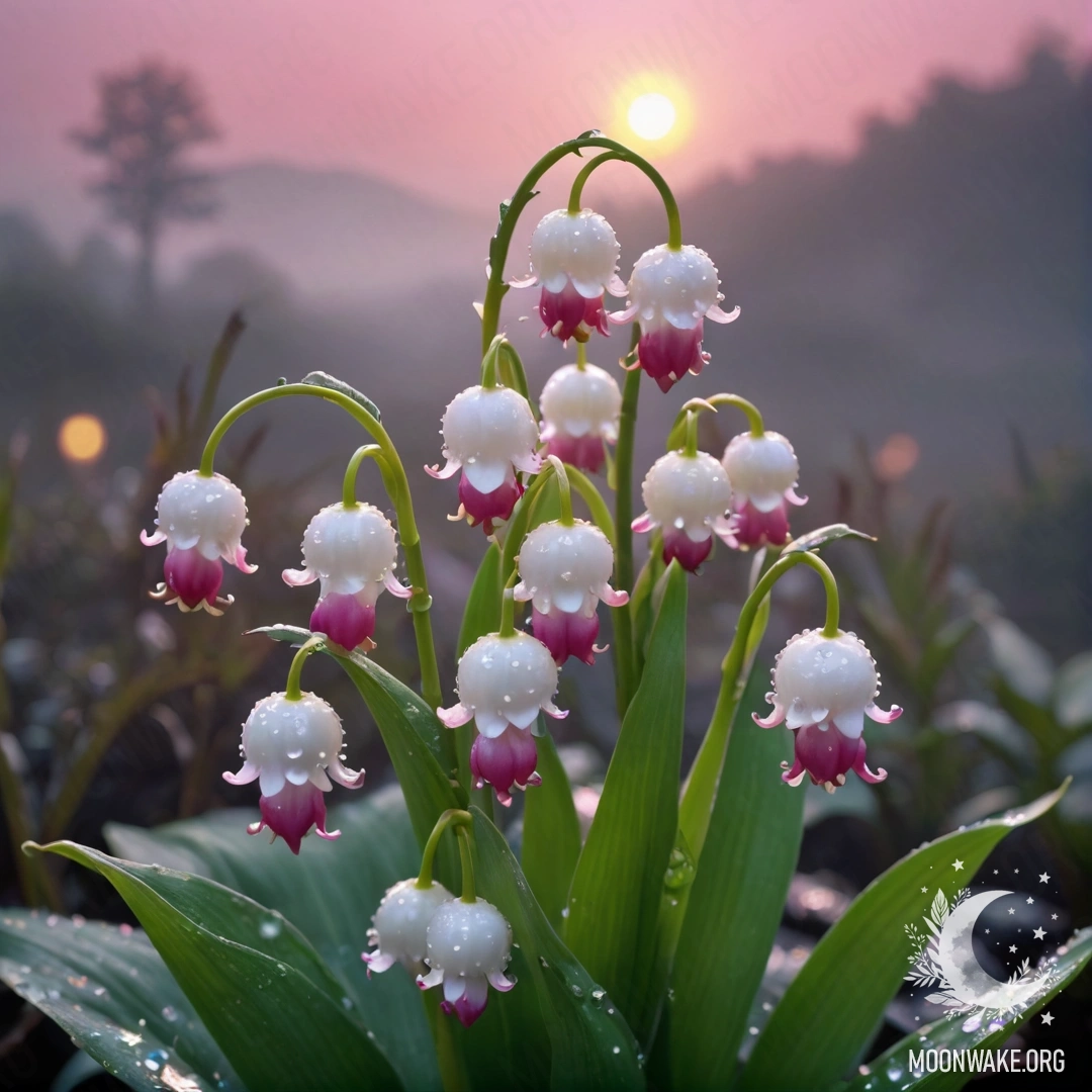 A delicate lily of the valley blooms in fog at sunset, adorned with fuchsia sequins.