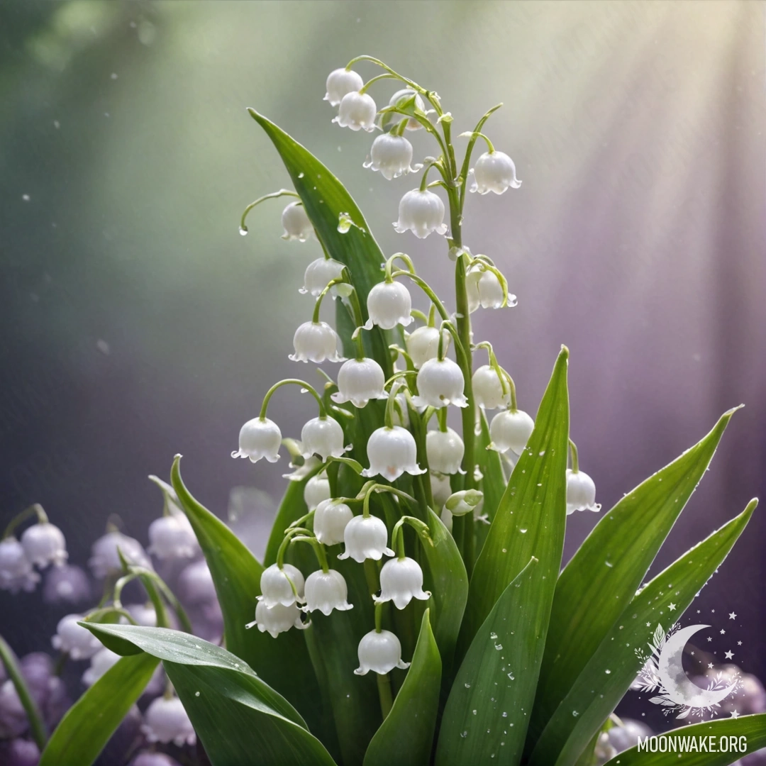 A delicate purple lily of the valley blooming in the mist, illuminated by sunny rays and glitter.