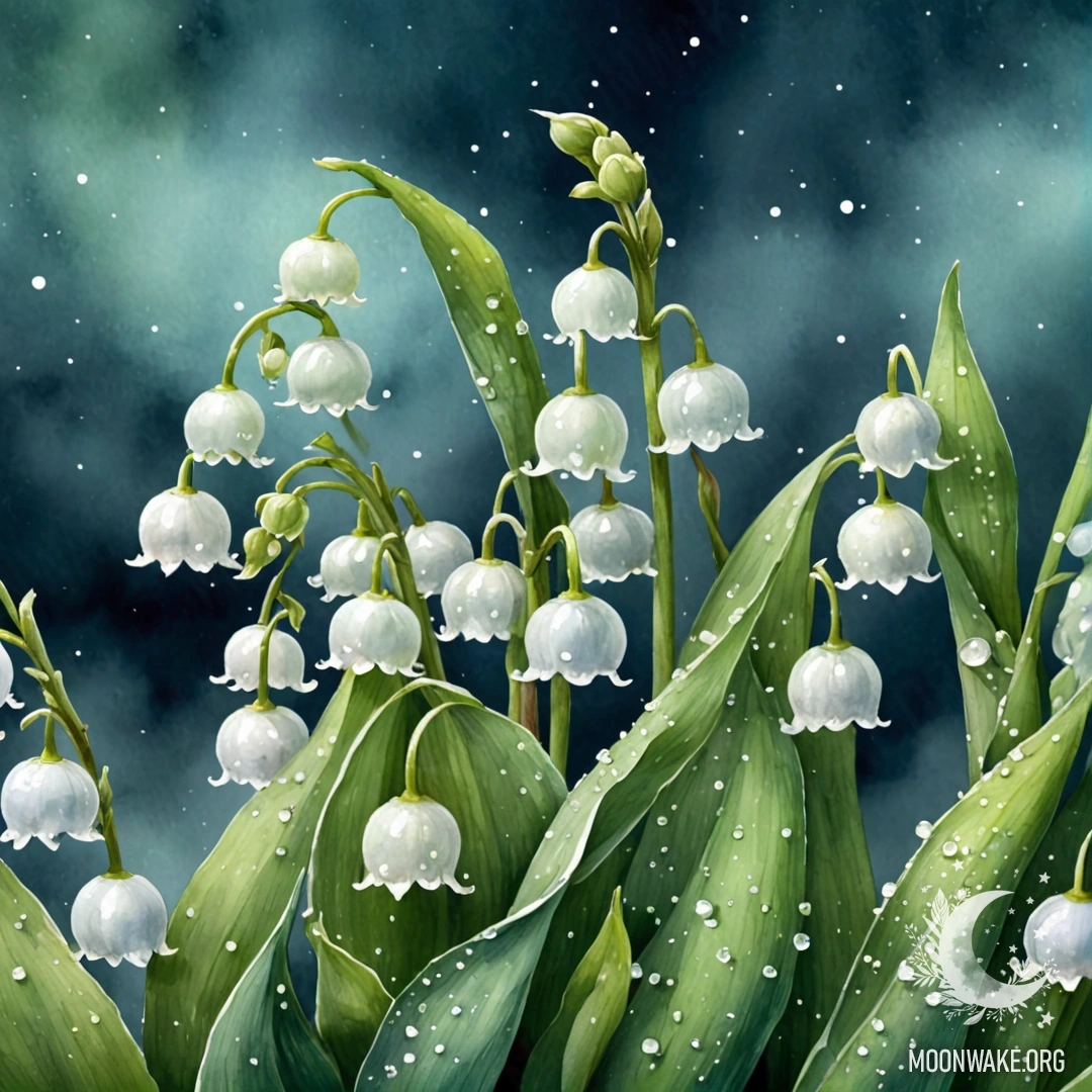 A delicate lily of the valley surrounded by mist at night, tinted in greenish-blue.