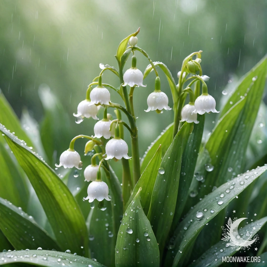 Lily of the Valley in Rainy Mist A delicate lily of the valley surrounded by mist and raindrops.
