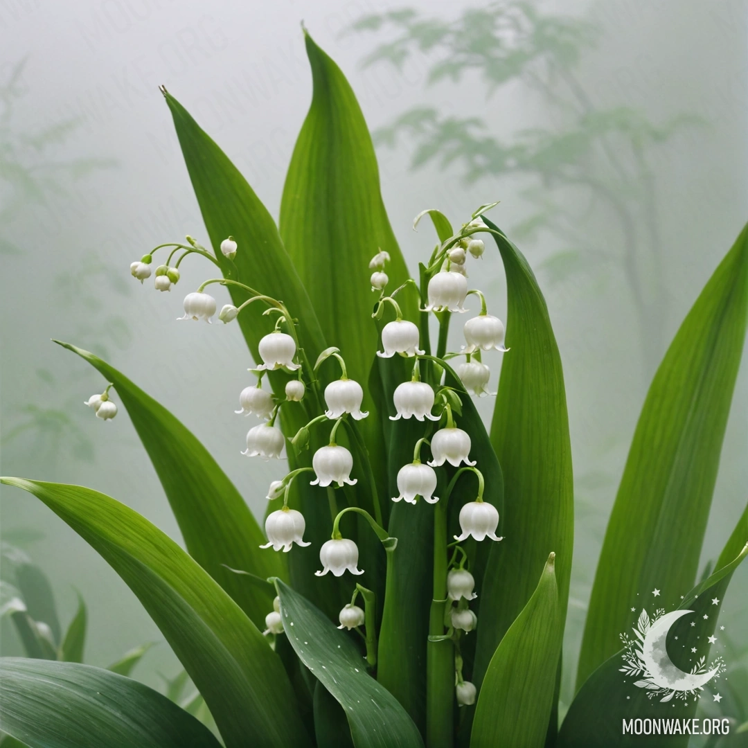 A peaceful image of lily of the valley flowers emerging from a foggy background, representing tranquility and beauty.
