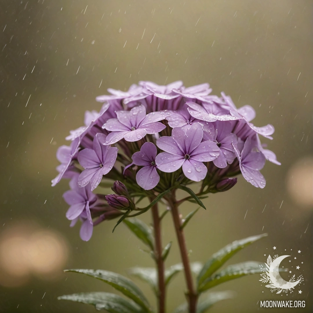 Lily of the Valley in Misty Sunset A serene composition of purple lily of the valley flowers in mist under rain at sunset, decorated with rhinestones.