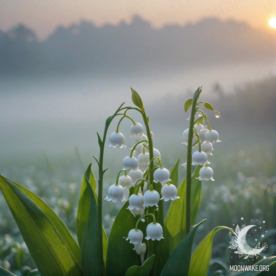 A bouquet of delicate lily of the valley flowers in a misty setting at sunset, with a soft blue sky in the background.