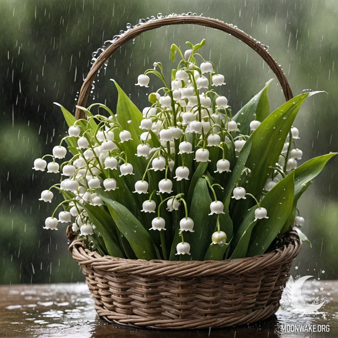 Lily of the Valley in Rain A serene depiction of lily of the valley flowers in a basket, under gentle rain.